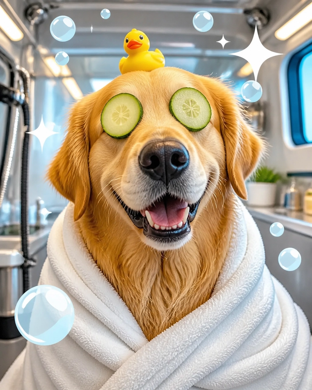 A giant golden retriever wrapped in a luxury towel with cucumber slices and a rubber duck after a spa bath