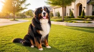 A happy, perfectly groomed massive Bernese Mountain Dog sitting proudly on a manicured lawn in a sunny North Texas master-planned community, vibrant naturalistic palette, professional photography, warm golden hour lighting
