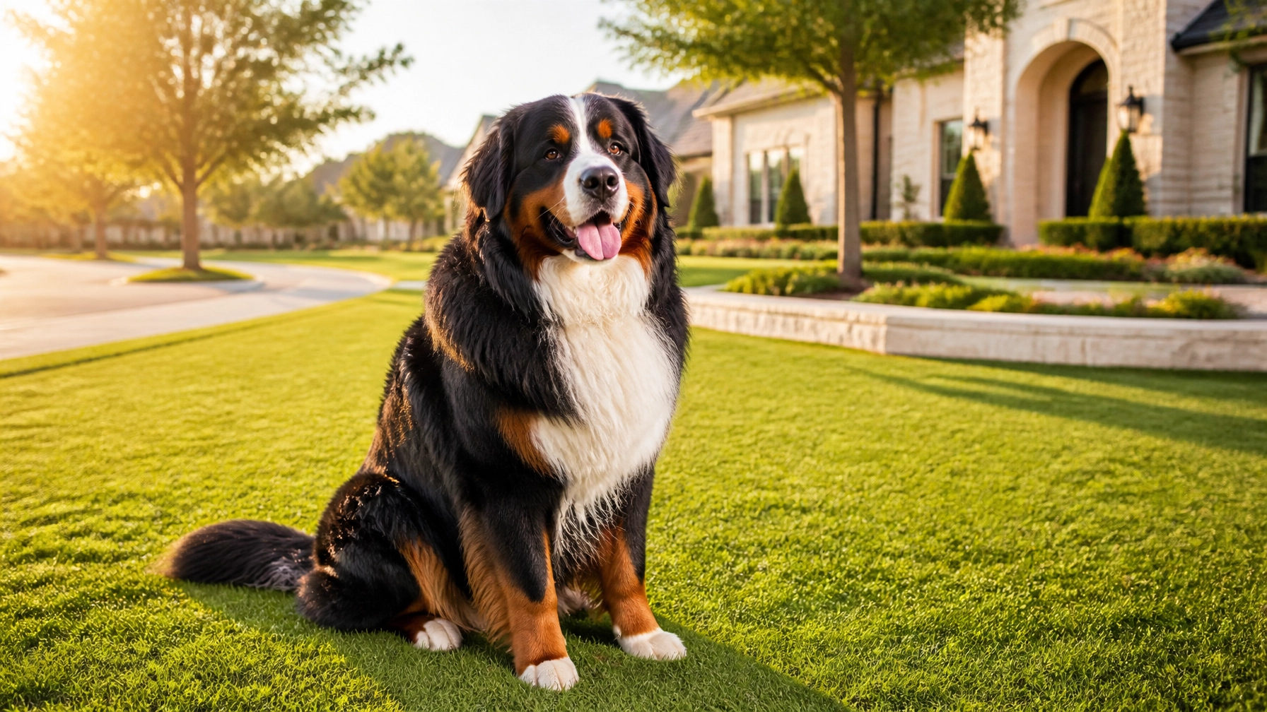 A happy, perfectly groomed massive Bernese Mountain Dog sitting proudly on a manicured lawn in a sunny North Texas master-planned community, vibrant naturalistic palette, professional photography, warm golden hour lighting