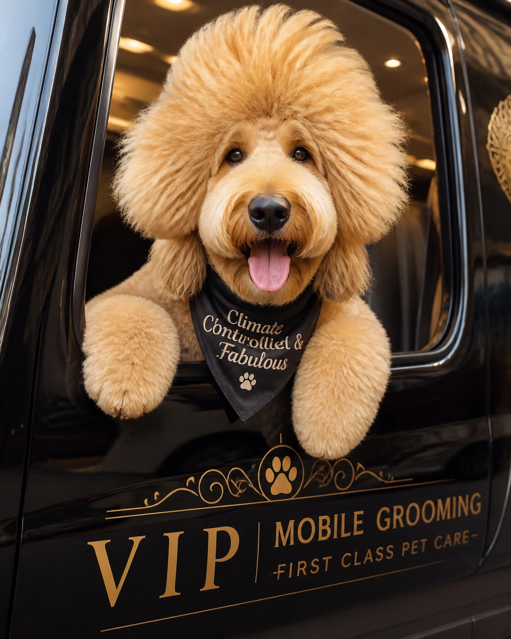 A hilarious close-up portrait of a joyful Doodle dog with a fluffy oversized haircut peeking out of a luxury climate-controlled mobile grooming van