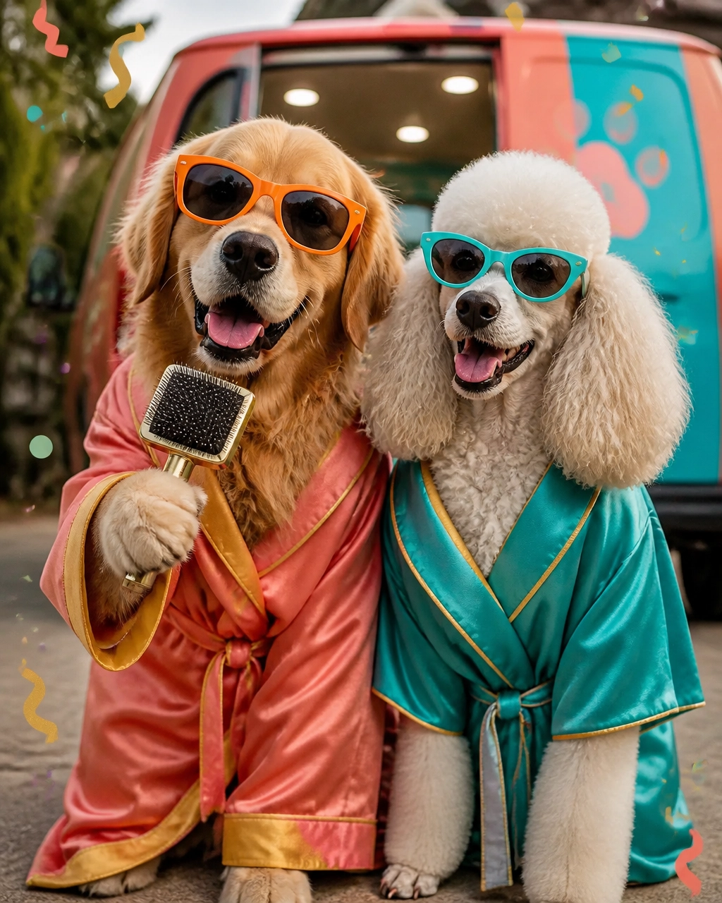 Happy golden retriever and standard poodle wearing silly spa robes and sunglasses after grooming