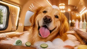 Goofy big golden retriever enjoying a funny mobile grooming spa moment in a luxury van