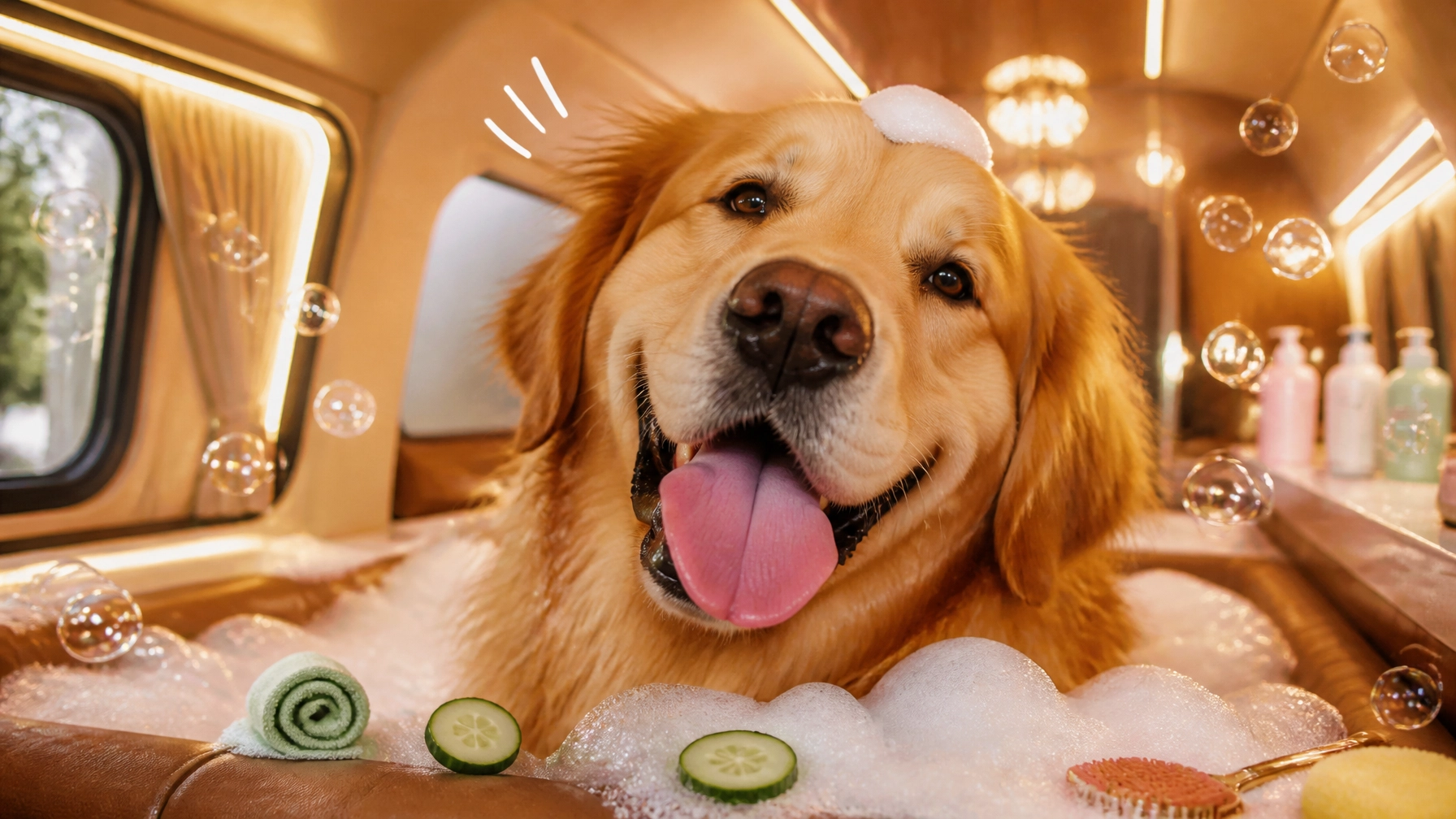Goofy big golden retriever enjoying a funny mobile grooming spa moment in a luxury van