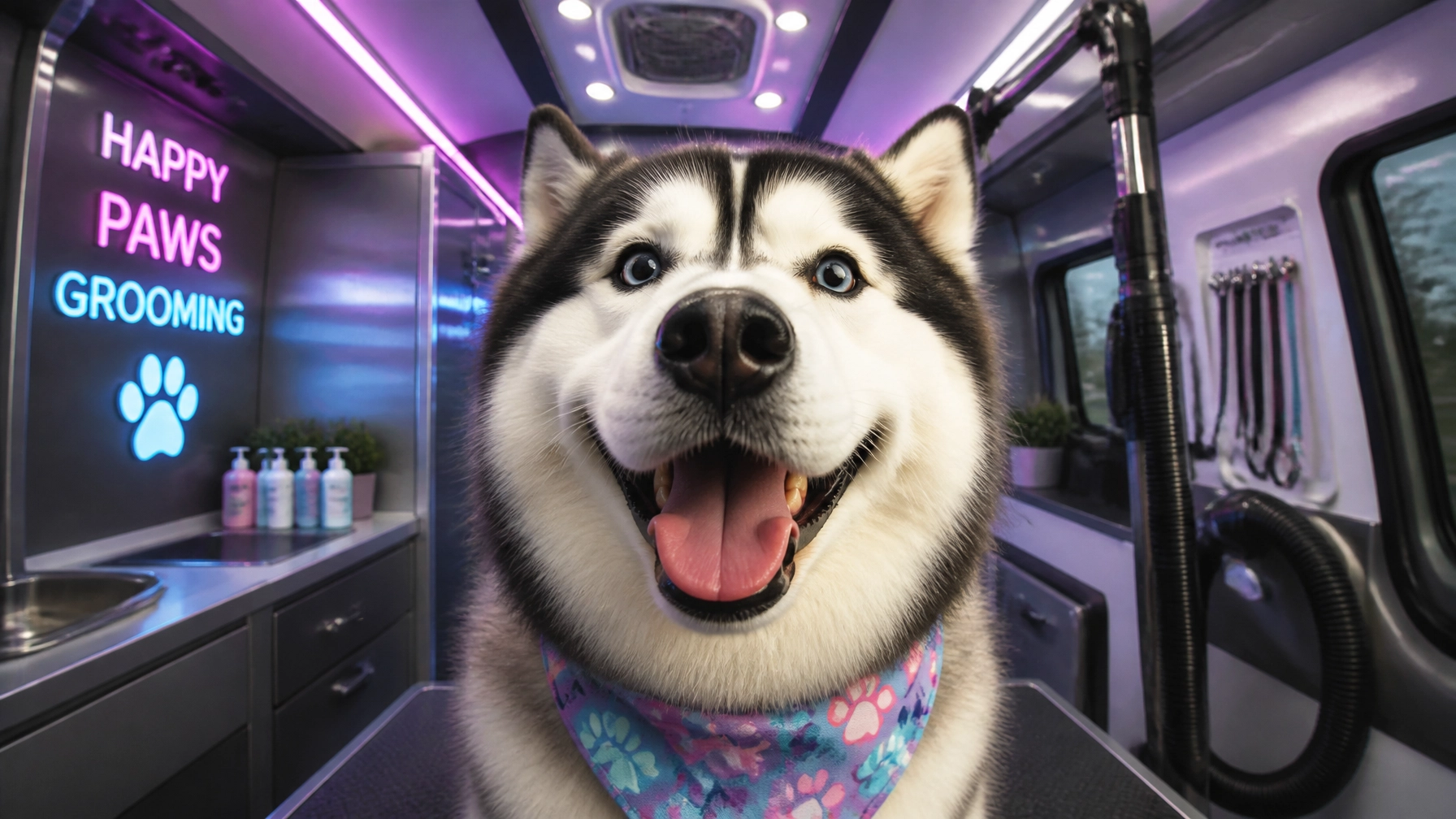 A funny close-up portrait of a fluffy Husky dog smiling inside a high-tech mobile dog grooming van