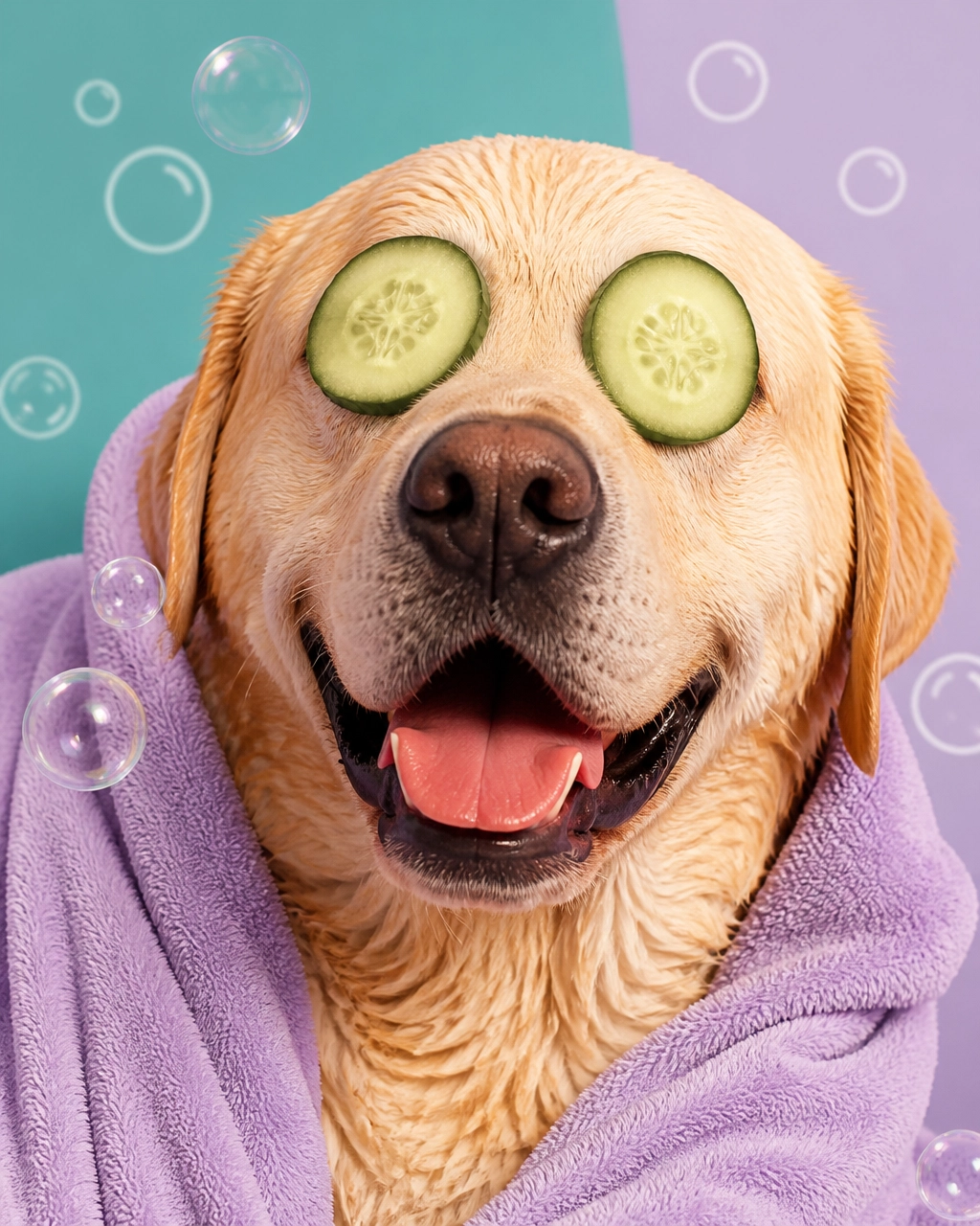 Relaxed Labrador retriever enjoying a playful spa bath with bubbles and cucumber slices