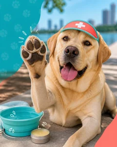 Humorous yellow lab wearing a visor and protecting its paws beside a shaded sidewalk, mckinney mobile dog groomer