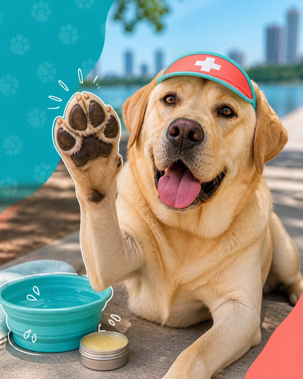 Humorous yellow lab wearing a visor and protecting its paws beside a shaded sidewalk, mckinney mobile dog groomer