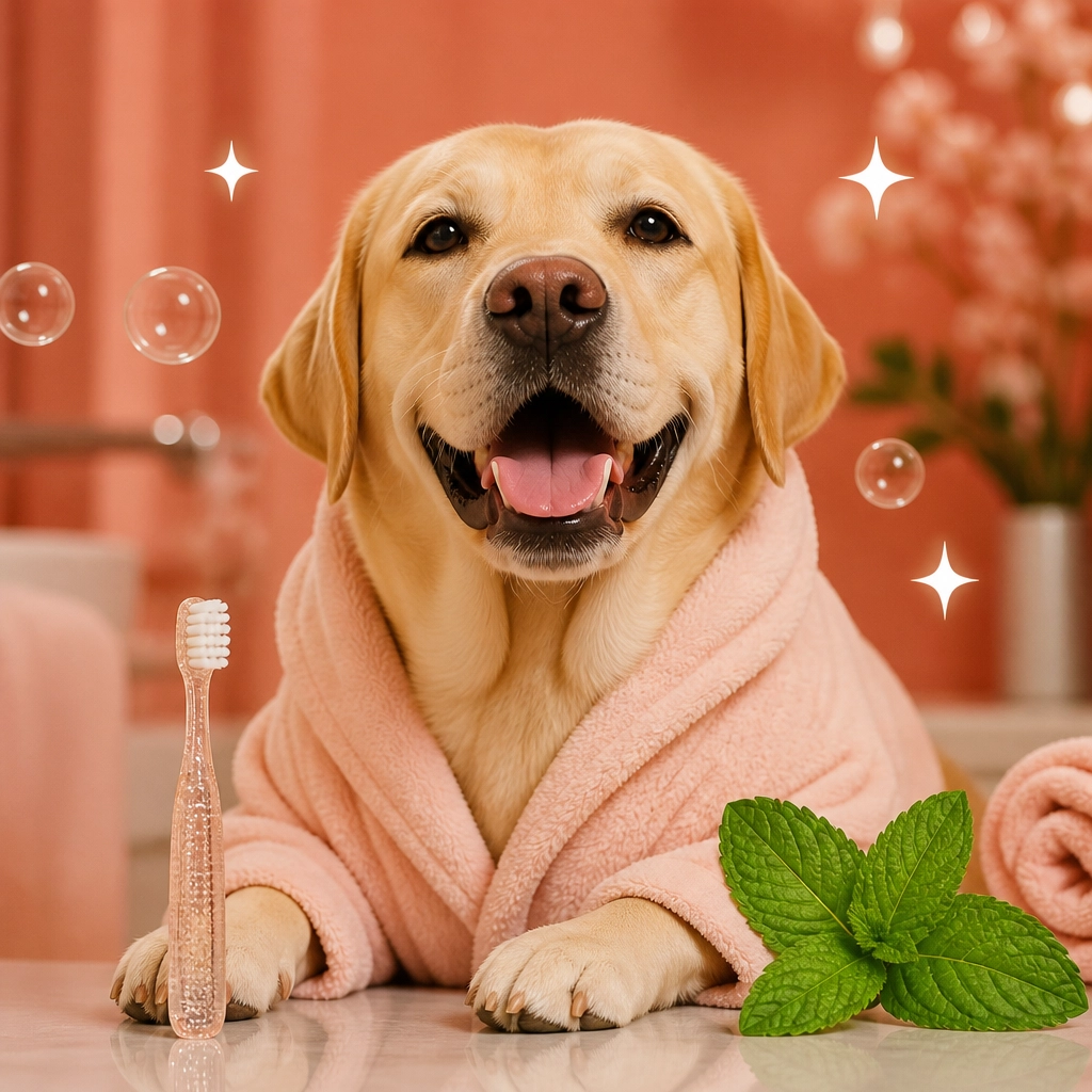 A happy yellow Labrador wearing a plush spa robe beside a tiny toothbrush and oversized mint leaf