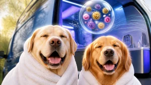 A large Golden Retriever and Labrador wearing oversized spa towels while happily sitting beside a generic mobile grooming van