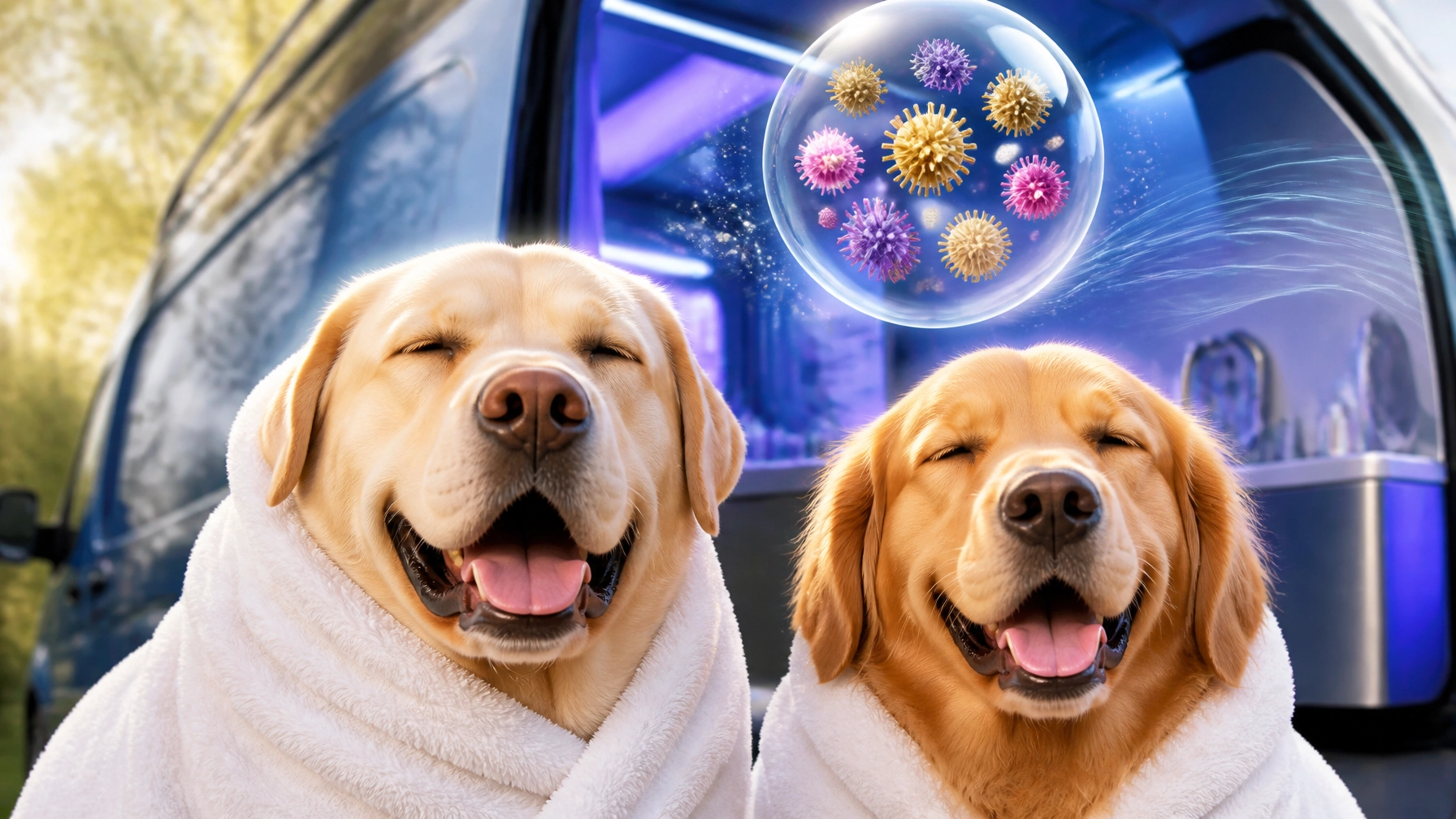 A large Golden Retriever and Labrador wearing oversized spa towels while happily sitting beside a generic mobile grooming van