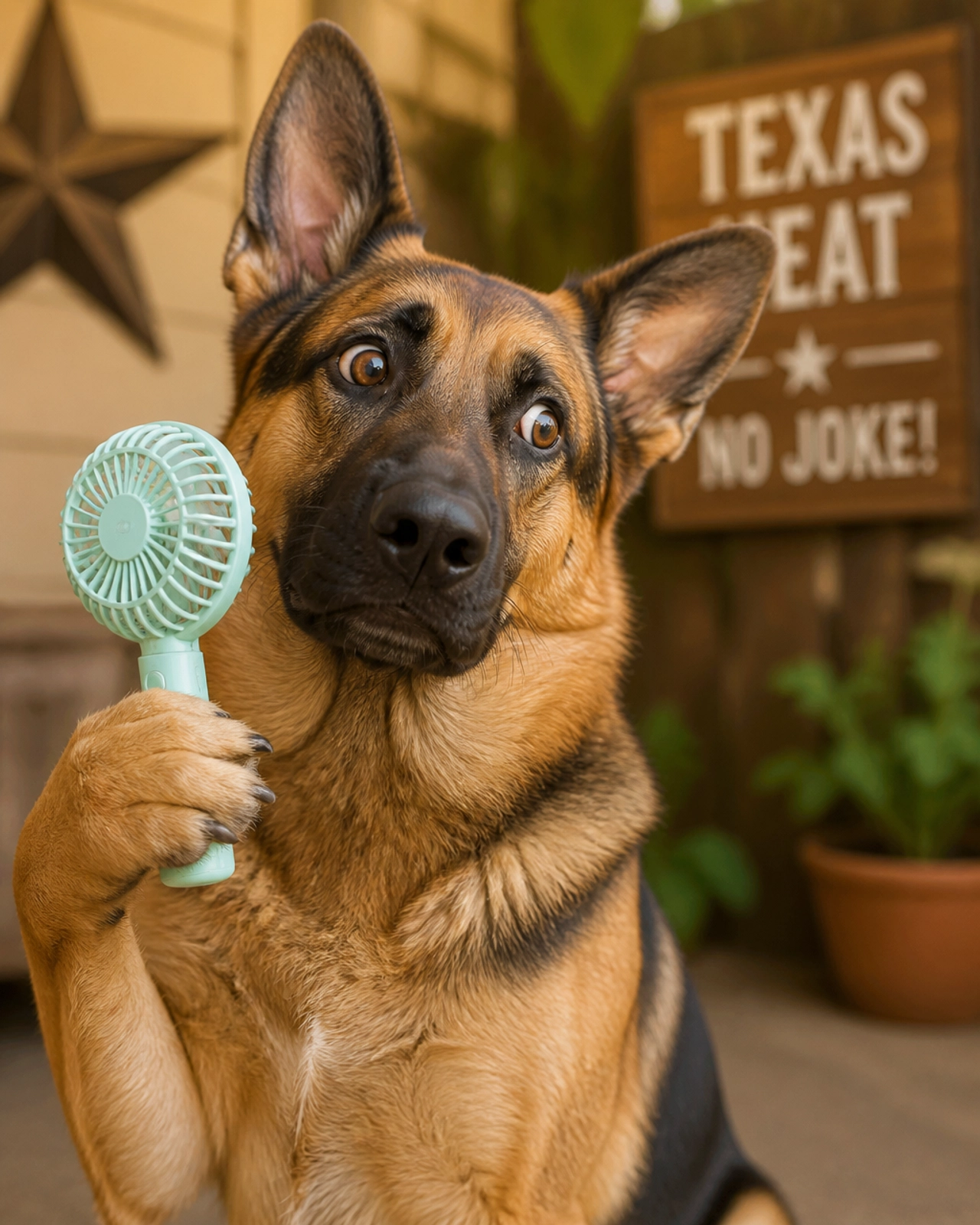 A humorous and cute German Shepherd looking bewildered as it holds a miniature hand fan to beat the Texas summer heat, vibrant warm colors, professional close-up photography, shallow depth of field, soft diffused lighting