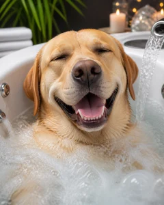 A joyful Labrador Retriever relaxing happily during a luxury hydromassage bath with gentle water swirls and soothing bubbles, bright cheerful colors, high-resolution professional photography, intimate close-up portrait