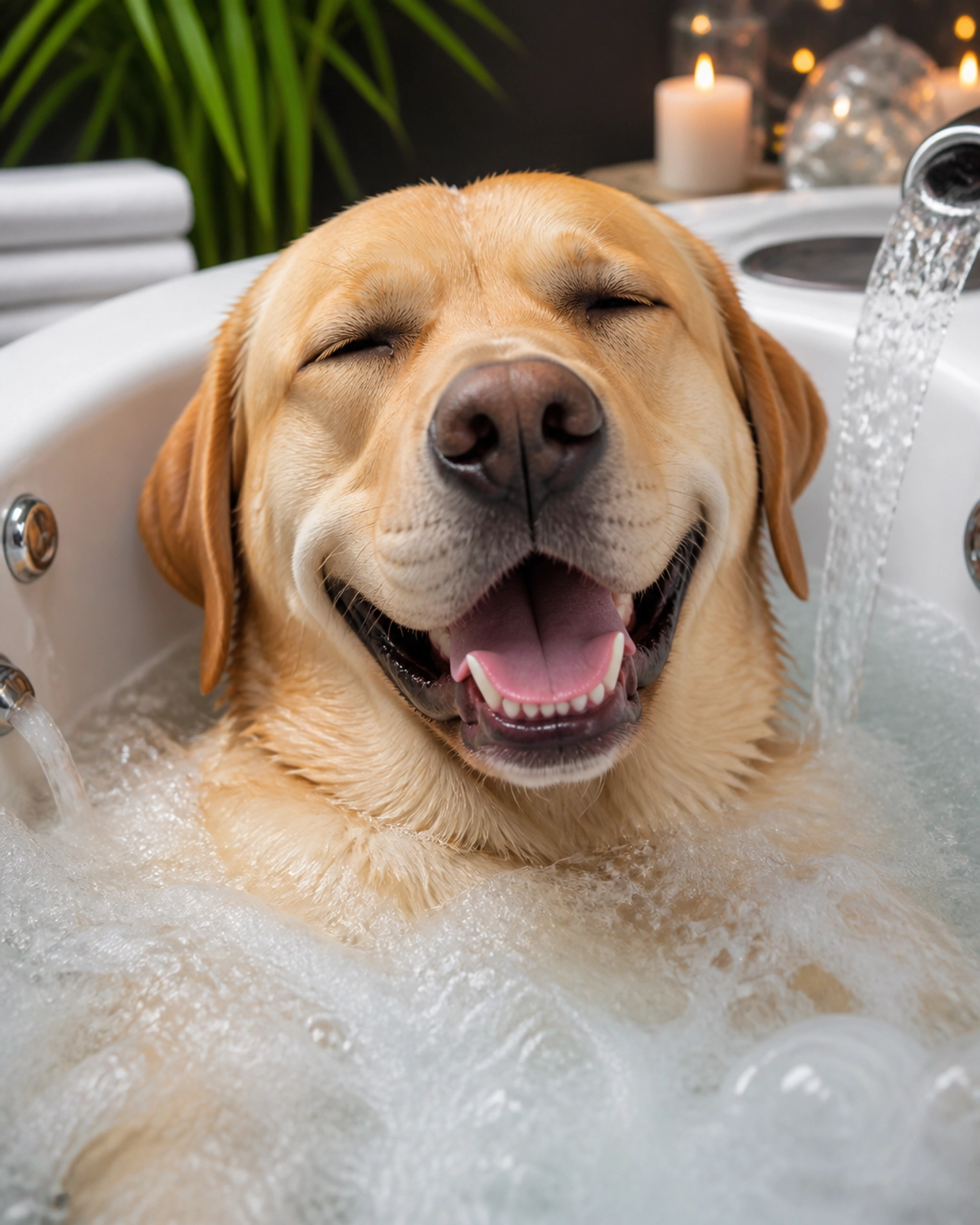 A joyful Labrador Retriever relaxing happily during a luxury hydromassage bath with gentle water swirls and soothing bubbles, bright cheerful colors, high-resolution professional photography, intimate close-up portrait