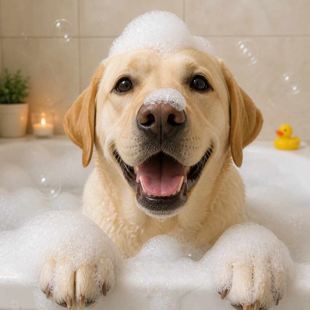 A joyful Labrador Retriever splashing in a warm bubble bath with soapy suds