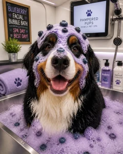 A fluffy Bernese Mountain Dog enjoying a blueberry facial bubble bath in a modern mobile pet spa