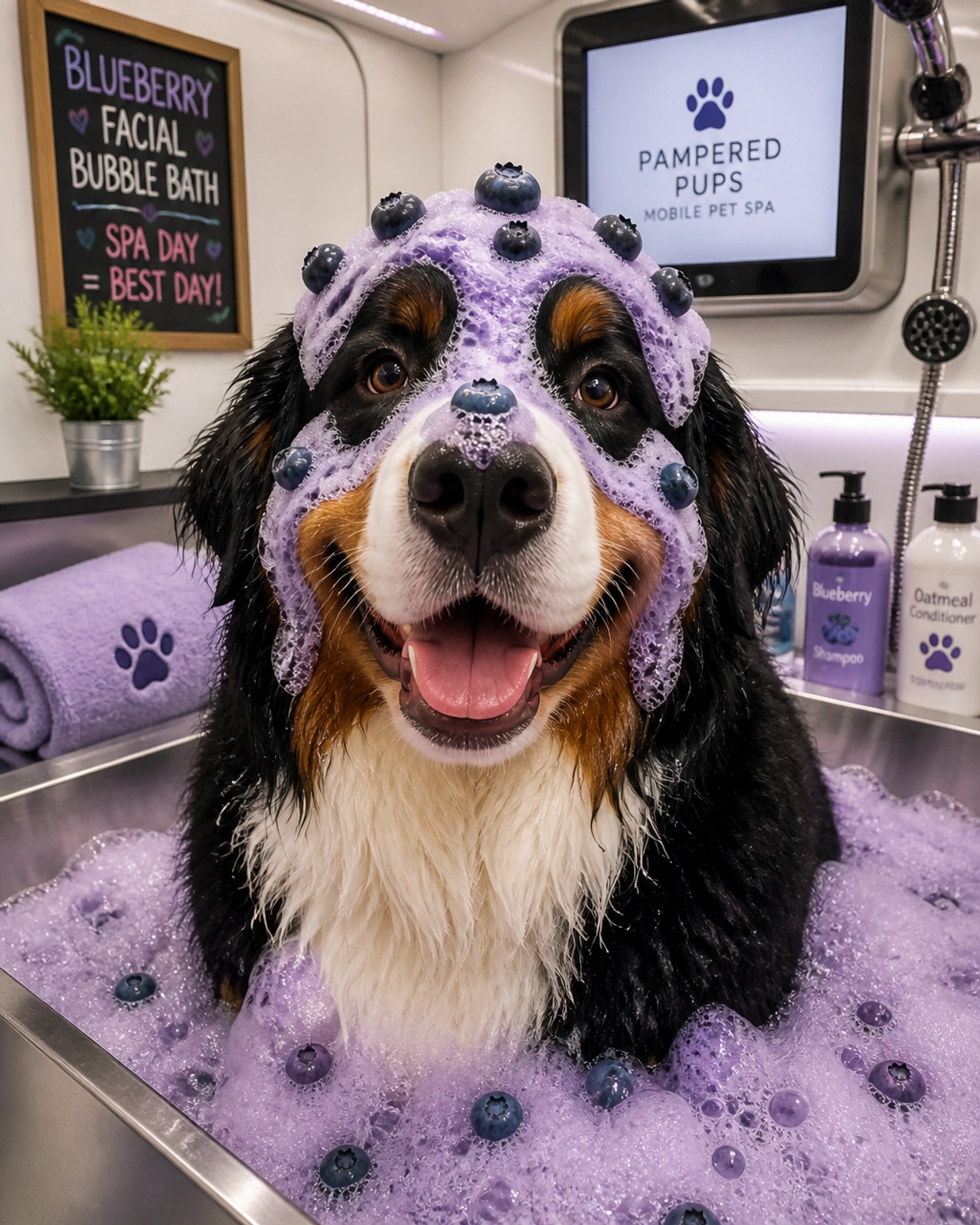 A fluffy Bernese Mountain Dog enjoying a blueberry facial bubble bath in a modern mobile pet spa