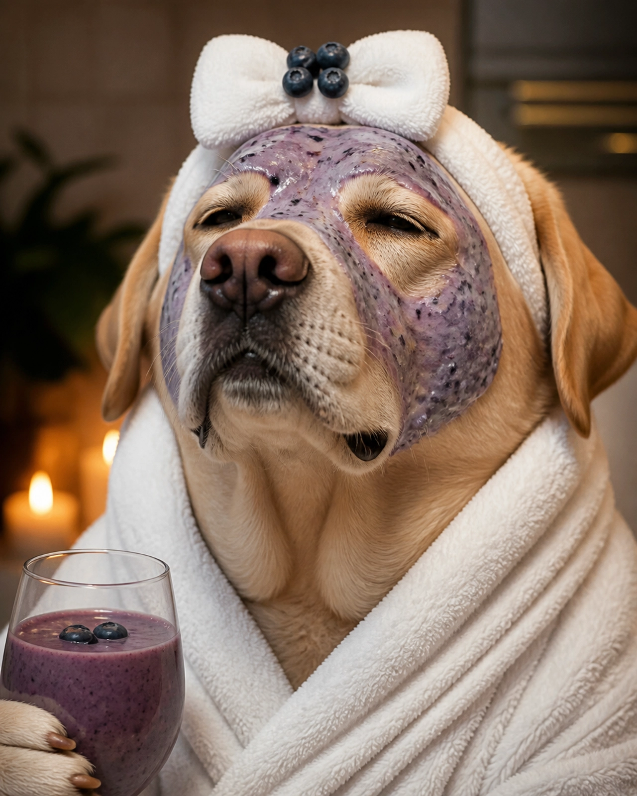 A Labrador Retriever wearing a fluffy white bathrobe and blueberry facial mask