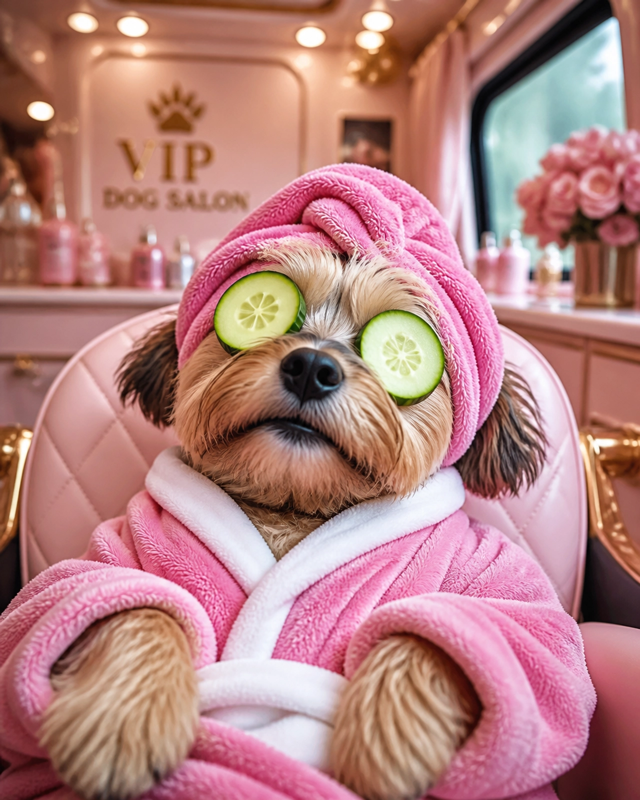 Anxious small terrier wearing cucumber slices over its eyes