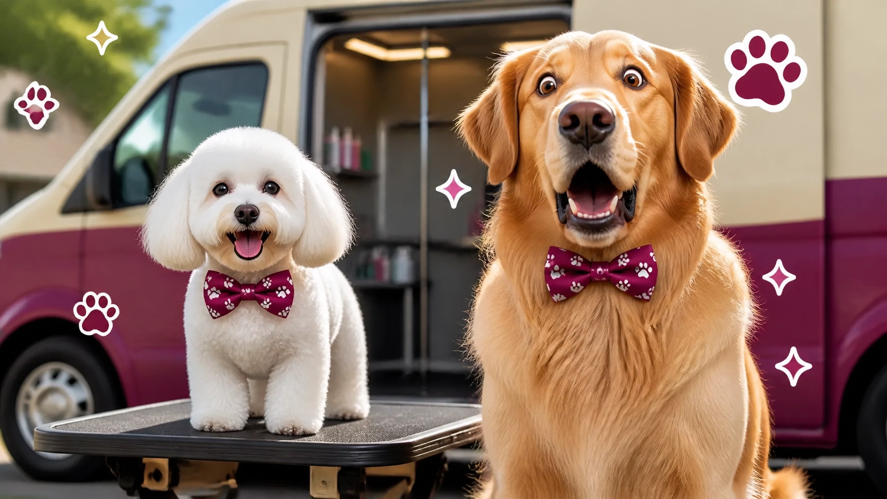A tiny fluffy dog and a huge Golden Retriever wearing matching bow ties after grooming