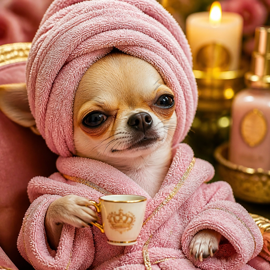 A tiny teacup Chihuahua wrapped in a fluffy spa towel wearing a tiny bathrobe