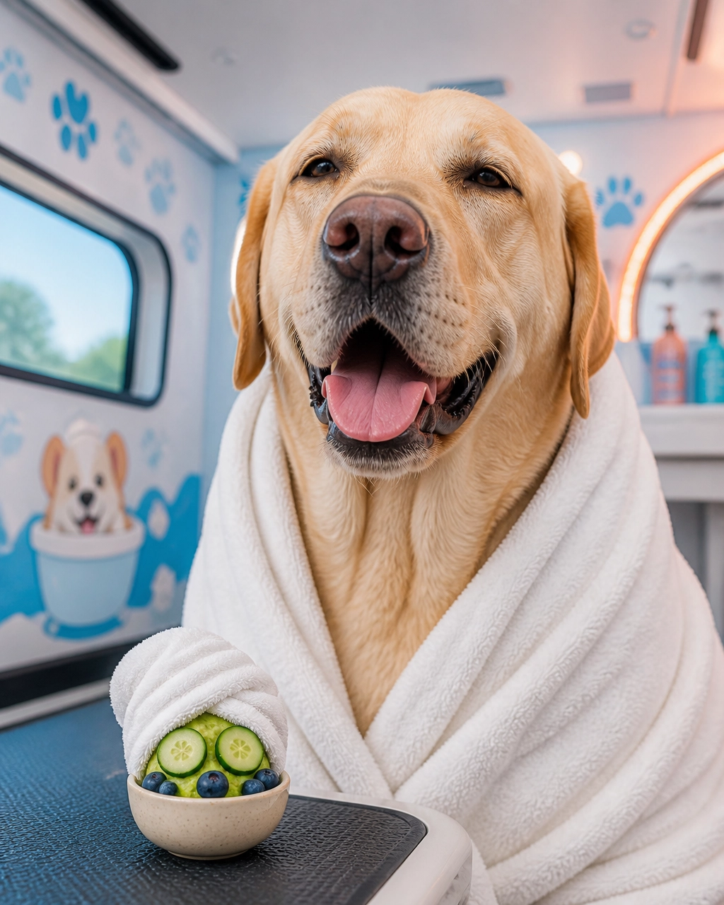 Large Labrador retriever wrapped in a towel after a luxury oxygenated bath and blueberry spa treatment
