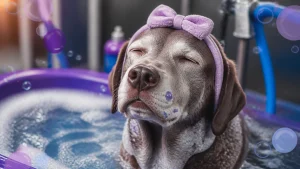 A relaxed Golden Retriever enjoying a hydromassage while wearing a tiny spa headband