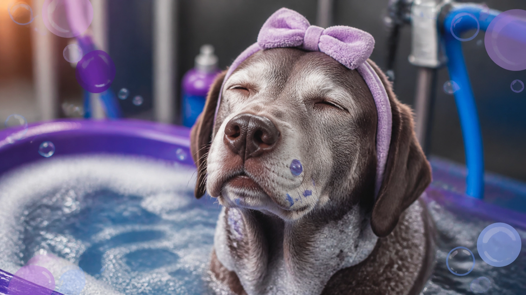 A relaxed Golden Retriever enjoying a hydromassage while wearing a tiny spa headband