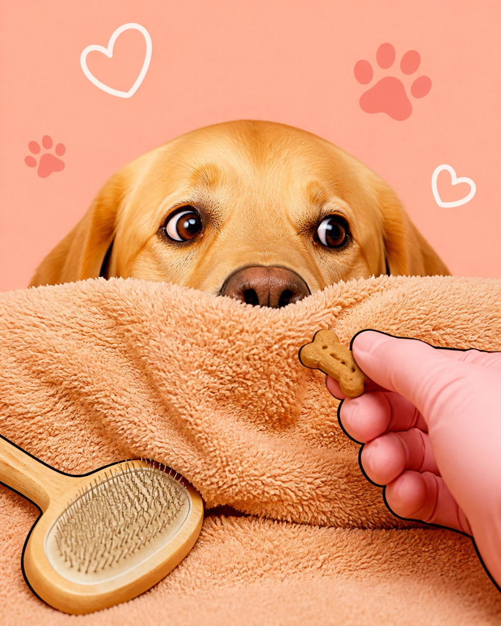 A large yellow Labrador peeking from behind a towel while accepting a treat from a calm groomer