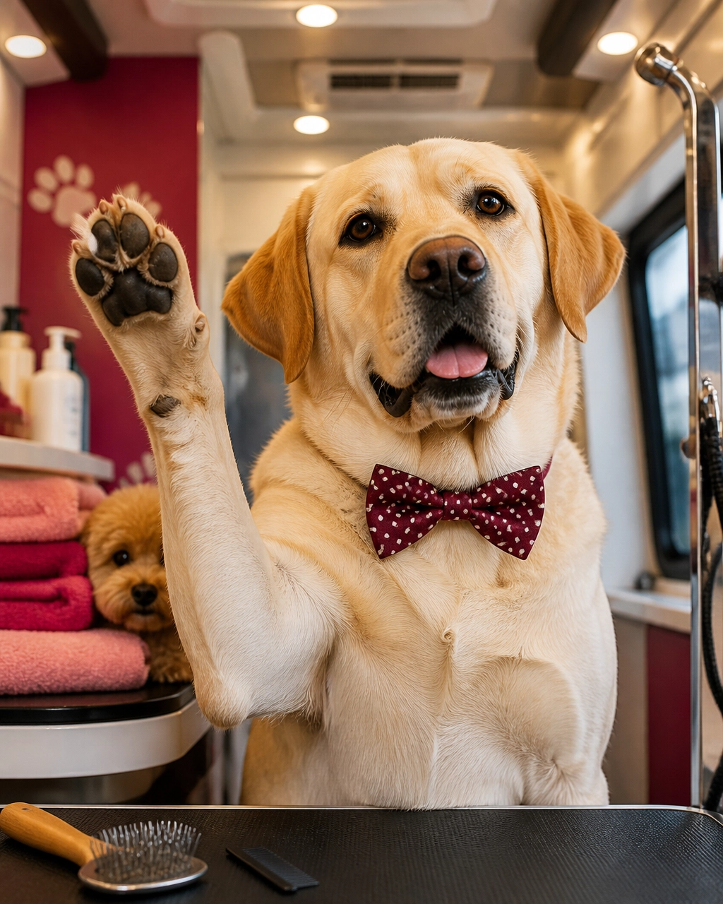 A large Labrador wearing a bow tie inside a clean mobile grooming van while holding up one paw like a busy executive