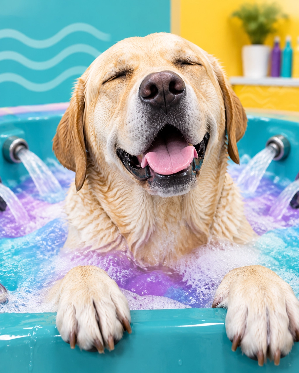 A very large Labrador retriever relaxing during a colorful hydromassage bath