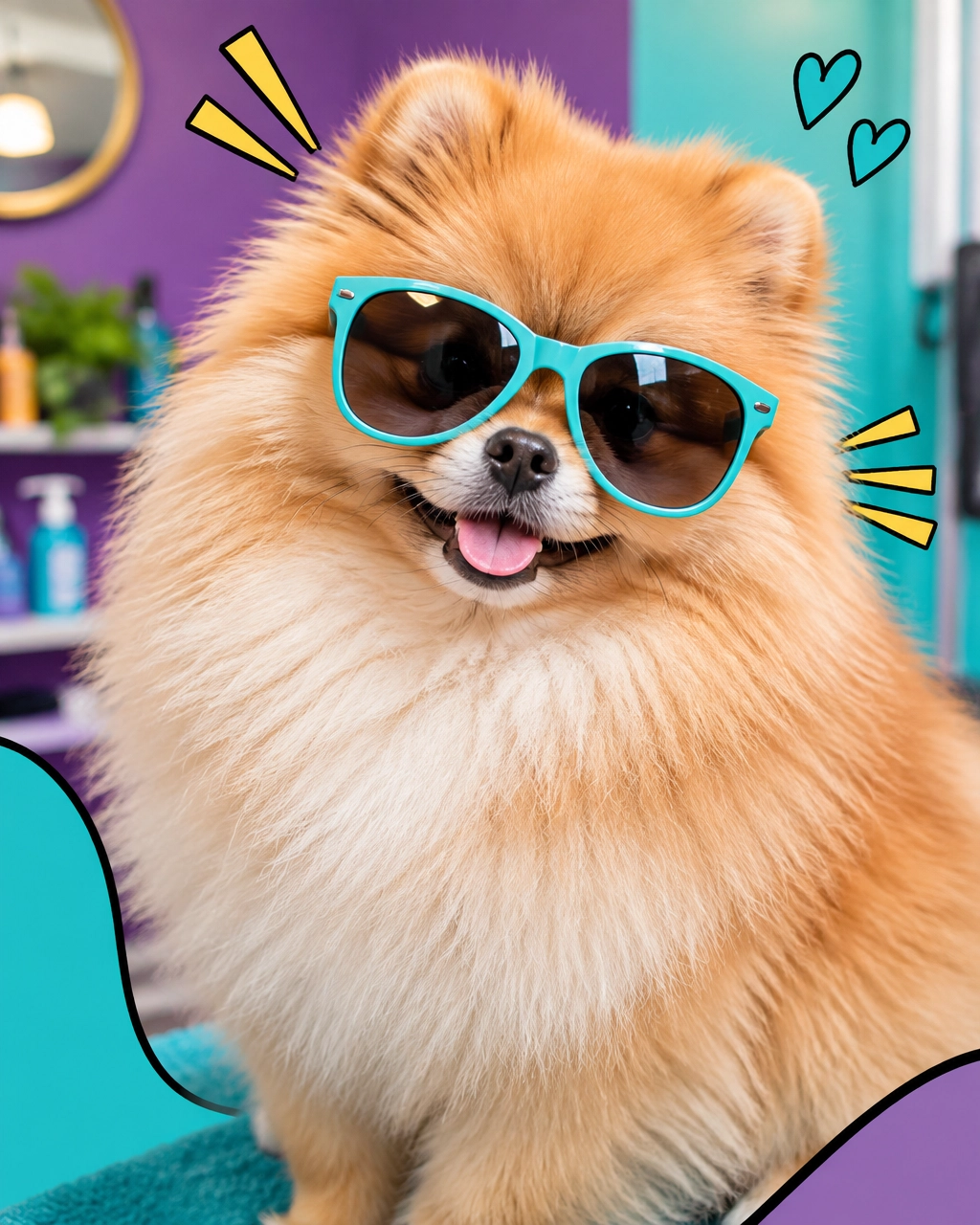 Fluffy Pomeranian wearing sunglasses after a calm, high-volume grooming session