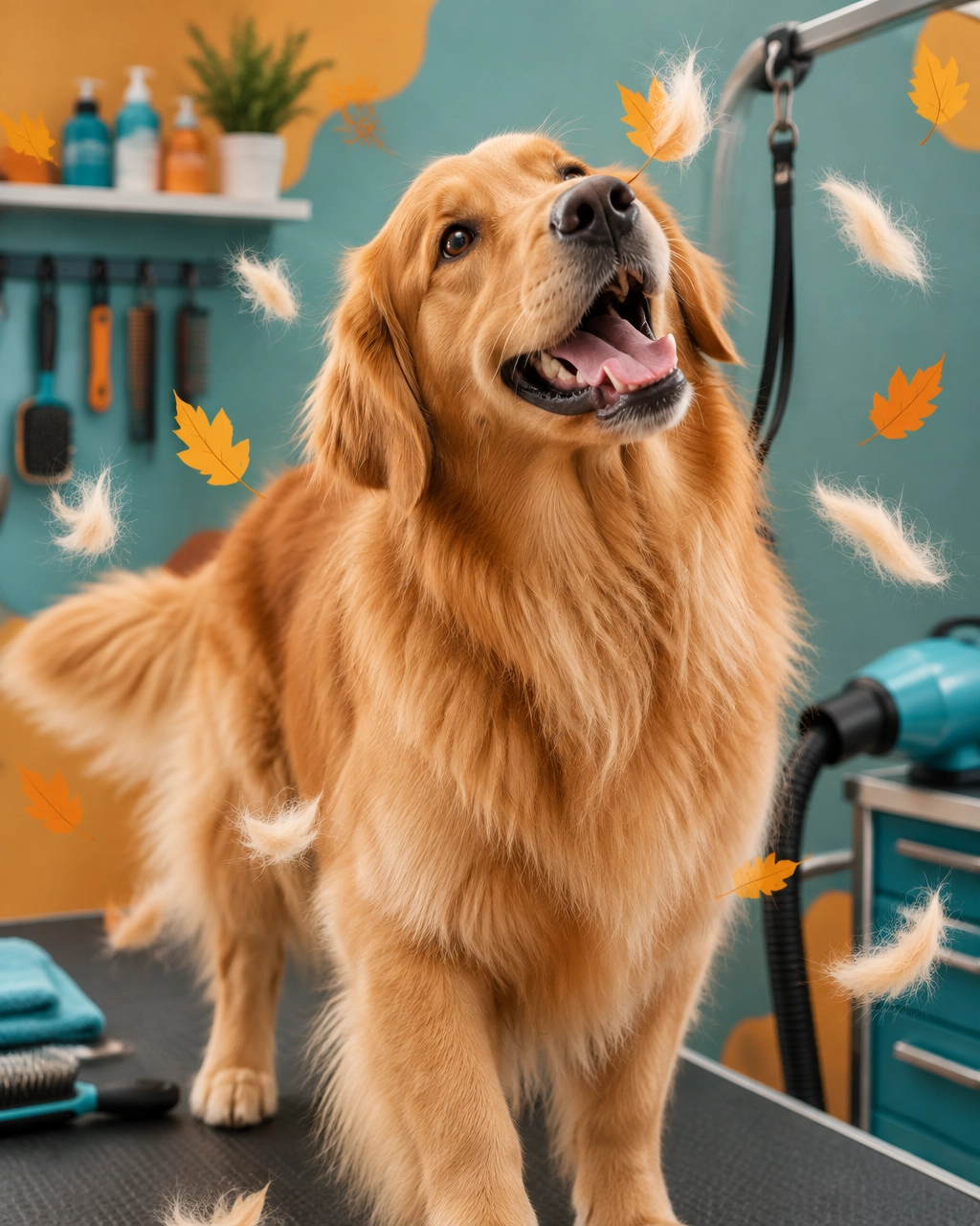 Joyful golden retriever enjoying a professional de-shedding bath while loose fur floats like autumn leaves