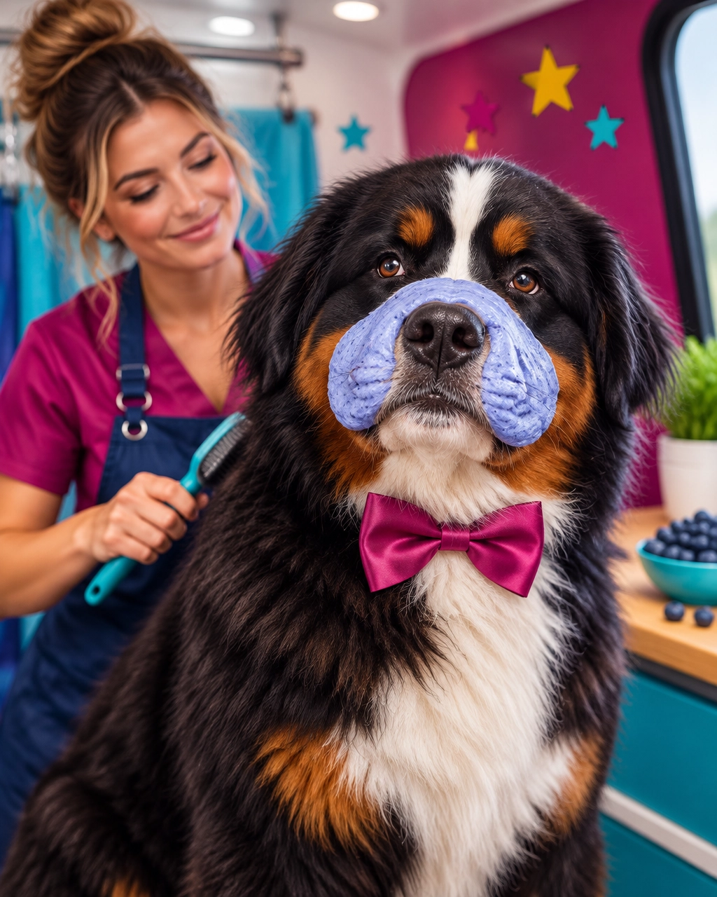 A regal Bernese Mountain Dog enjoying a humorous blueberry facial in a luxury mobile salon