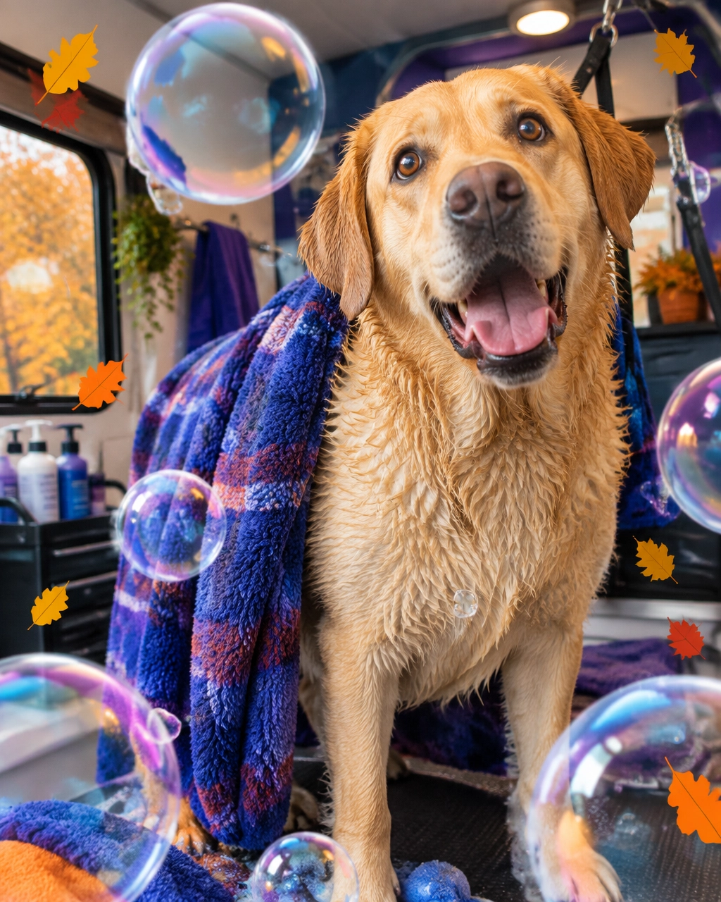 A happy large Labrador retriever surrounded by soap bubbles during a humorous mobile grooming spa day