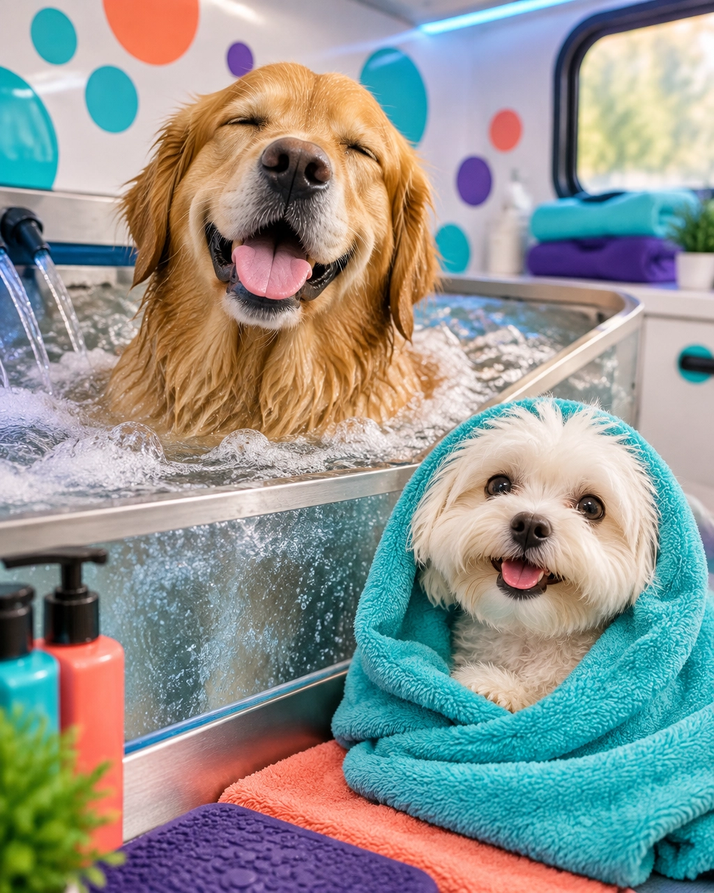 mckinney mobile dog groomer golden retriever and small dog enjoying a quiet hydromassage in a mobile grooming van