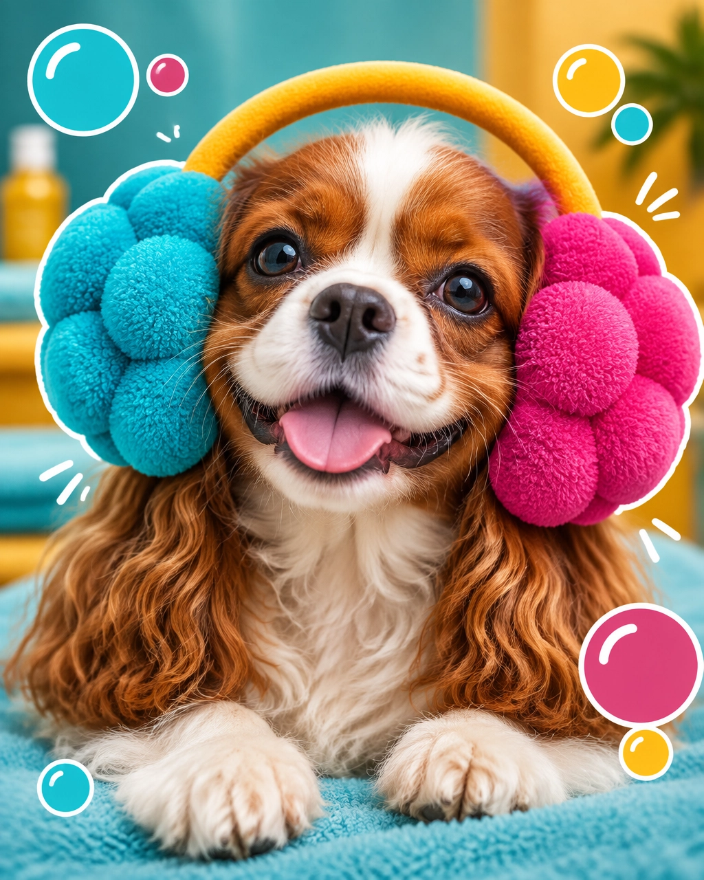 Small floppy-eared dog playfully wearing oversized colorful bubble earmuffs during a spa-themed grooming portrait, photographed by a McKinney mobile dog groomer