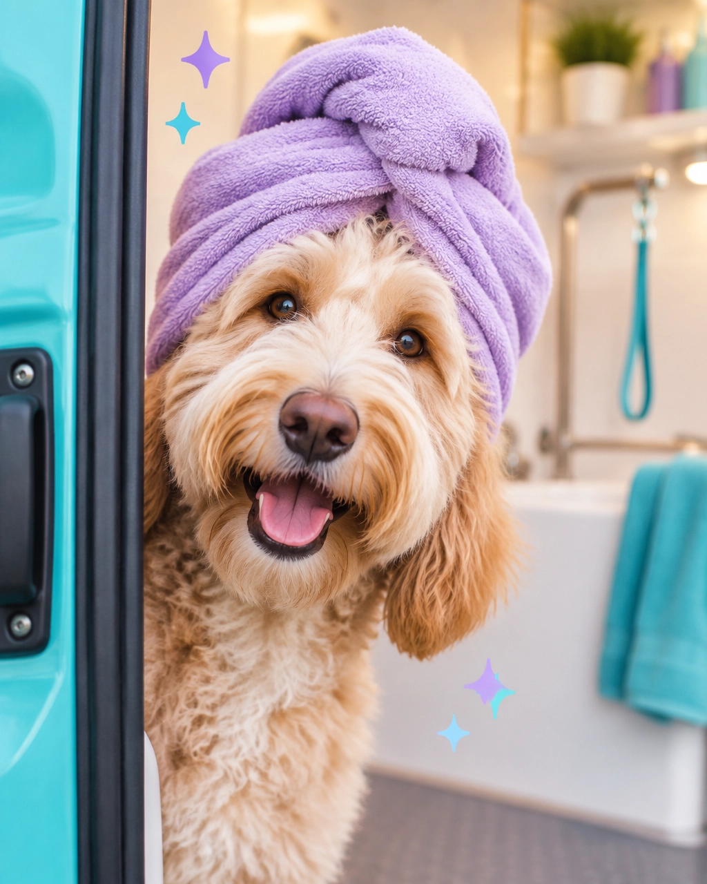 Happy doodle wearing a towel turban and peeking from a mobile grooming van