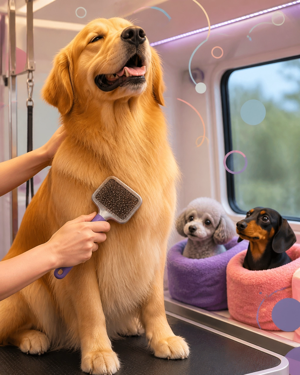 A proud golden retriever receives a gentle brush while a tiny poodle and dachshund watch from towel baskets