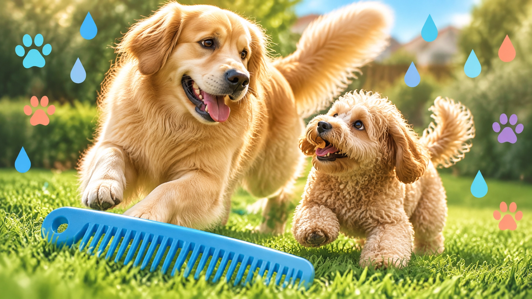 Prosper mobile dog groomer prevention image with a happy golden retriever and small dog enjoying fresh coats outdoors