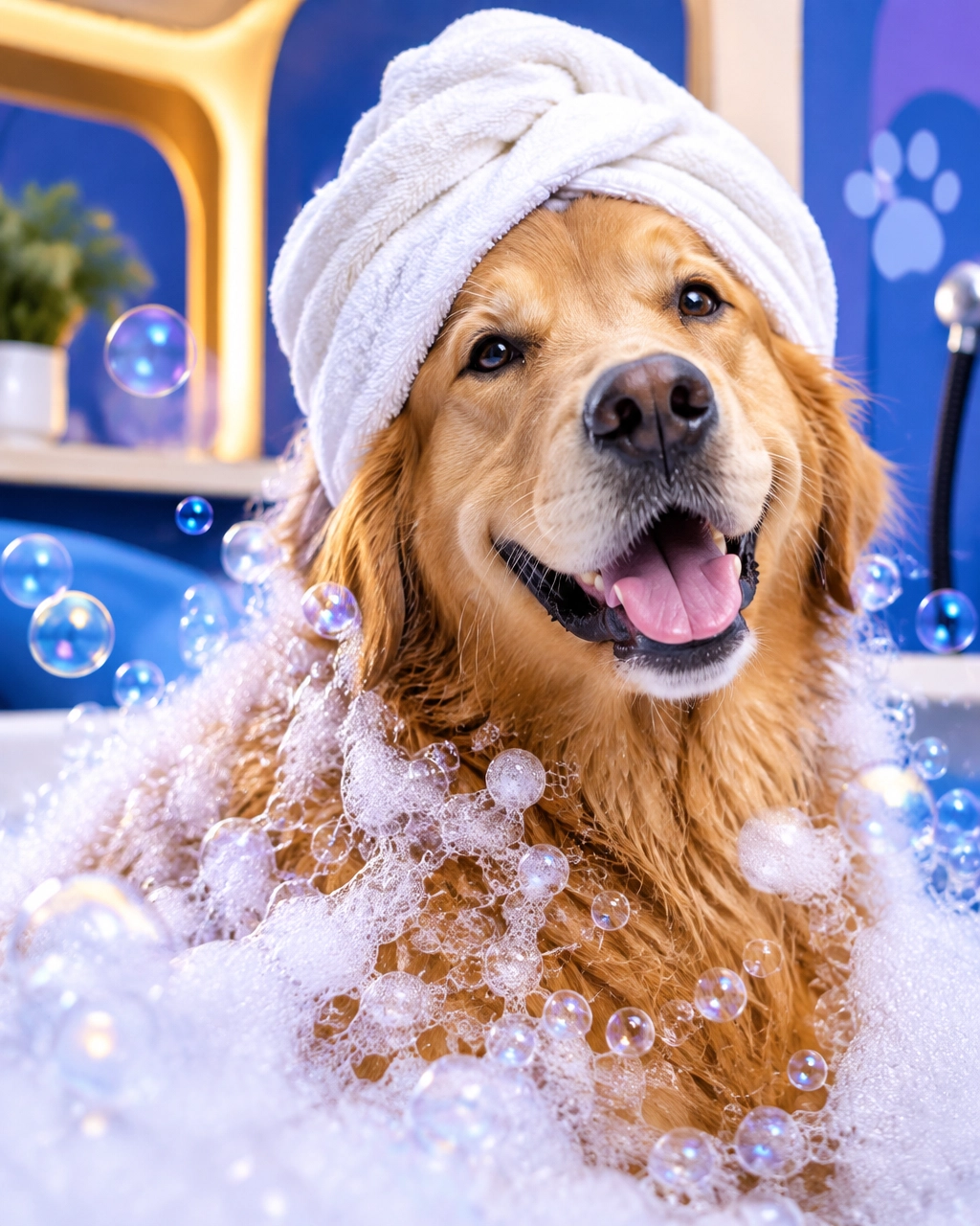 A golden retriever surrounded by luminous bubbles during an oxygenated bath