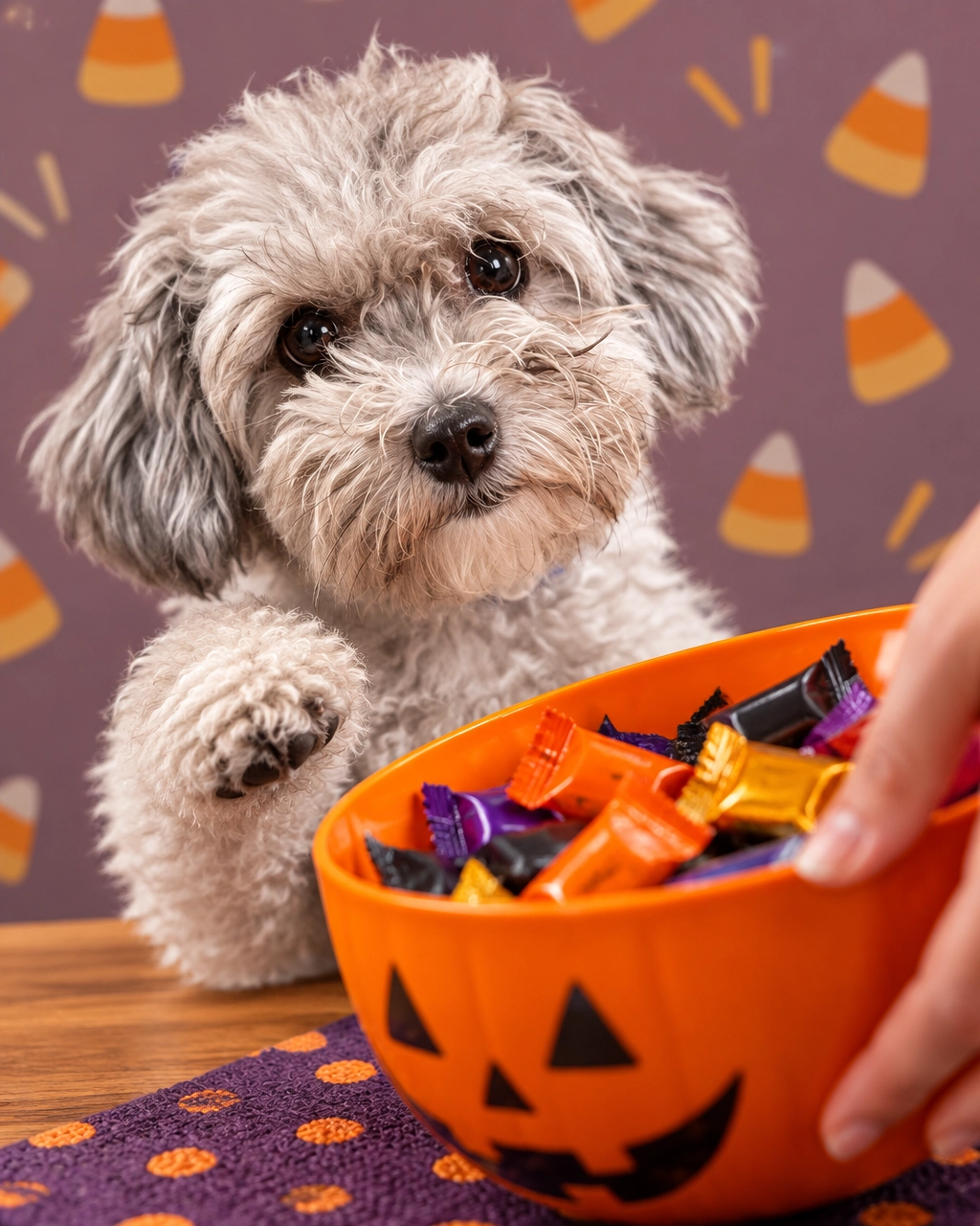 Prosper mobile dog groomer and Melissa mobile dog groomer Halloween safety advice with a curious doodle eyeing a candy bowl