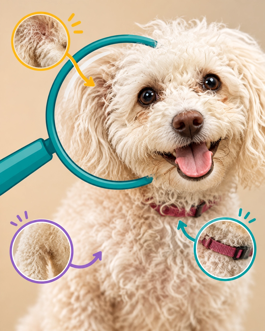 McKinney mobile dog groomer coat-check scene with a cheerful curly dog and playful magnifying glass