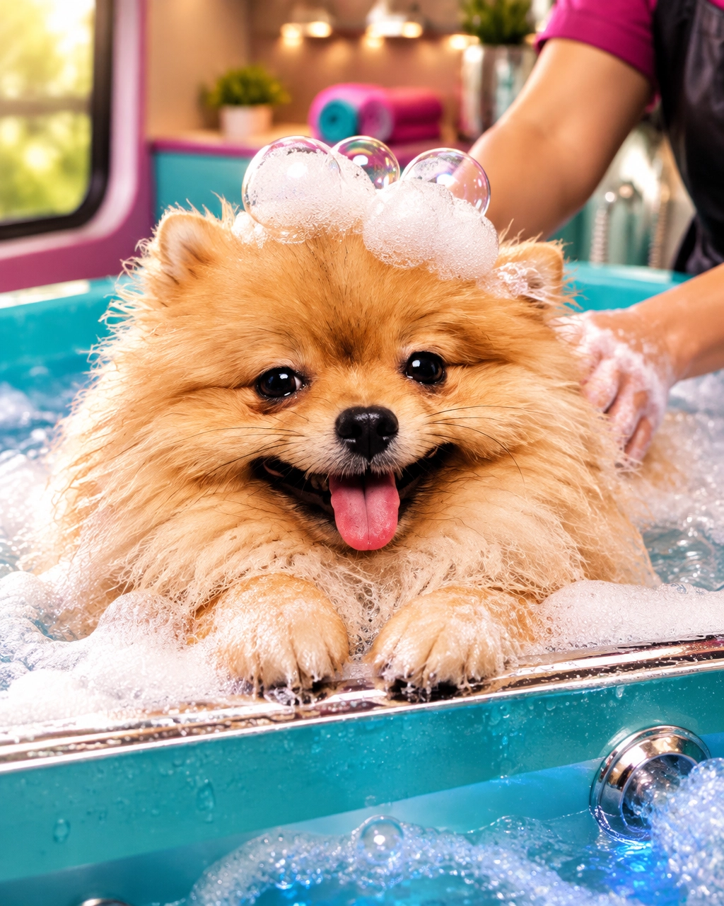 Large Golden Retriever relaxing in a bubbly hydromassage bath inside a luxury mobile grooming van