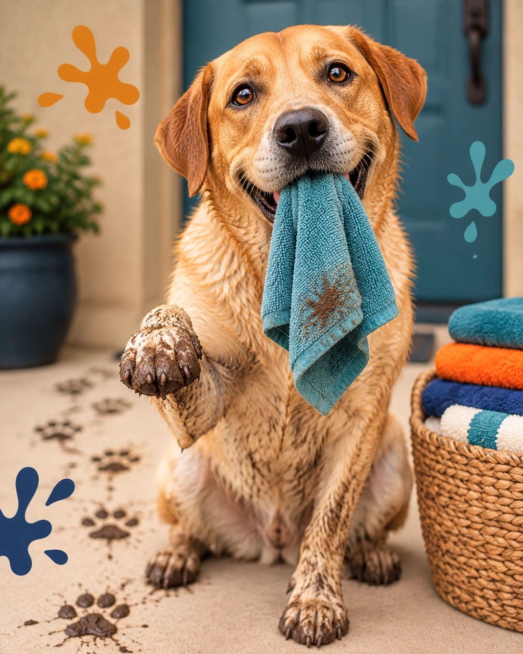 McKinney mobile dog groomer image of a happy muddy Labrador with a towel by the front door
