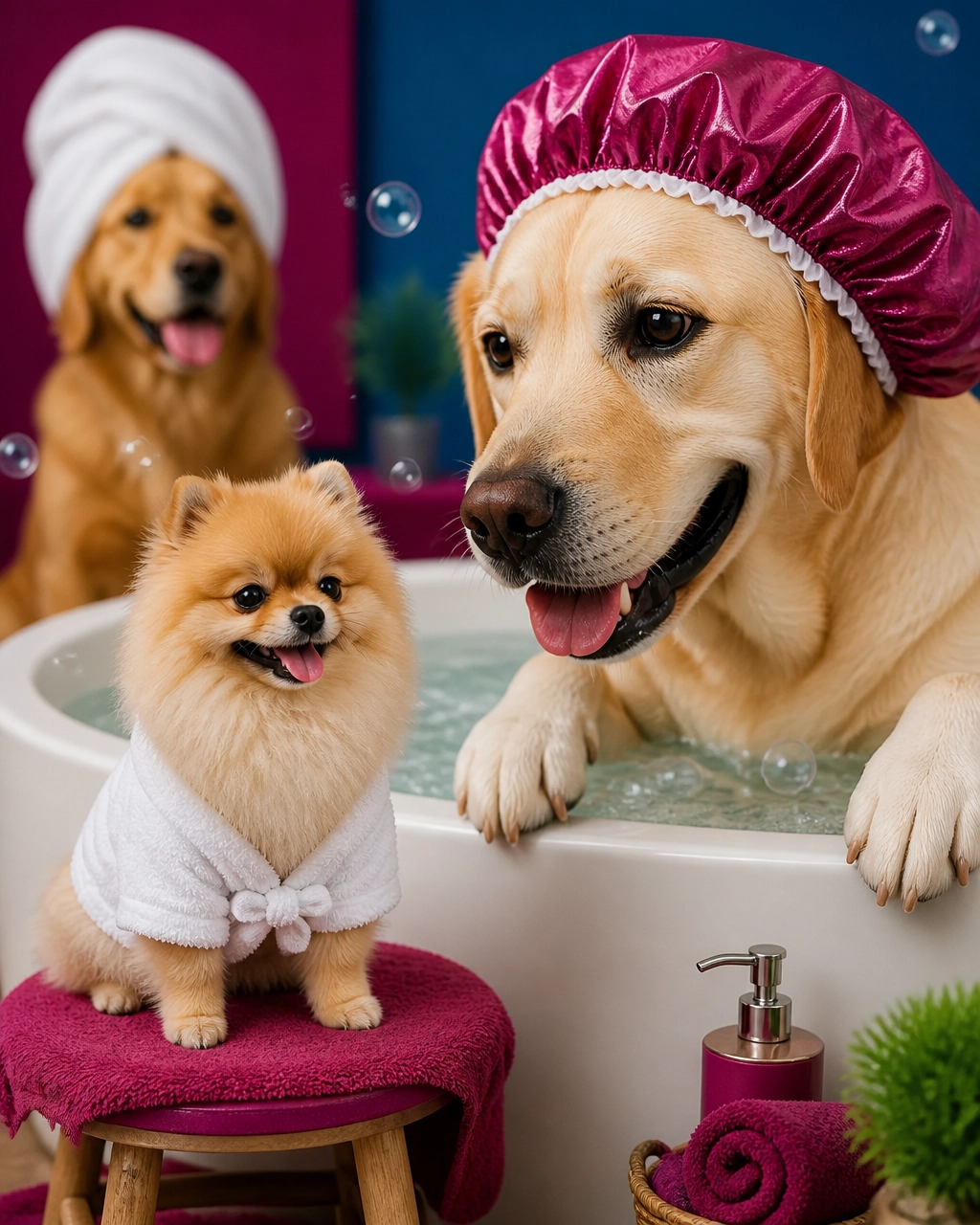 A tiny Pomeranian enjoys a spa stool while a giant Labrador supervises a hydromassage bath
