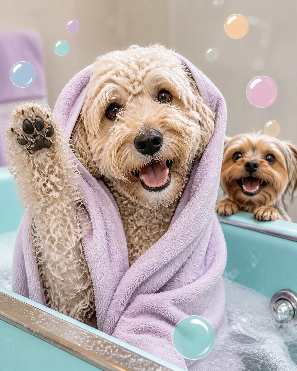 Mckinney mobile dog groomer giving a curly doodle and tiny dog a humorous hydromassage spa treatment