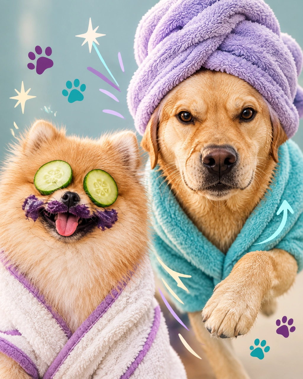 A small curly dog with a blueberry facial and a towel-turbaned Labrador looking ready for post-grooming zoomies