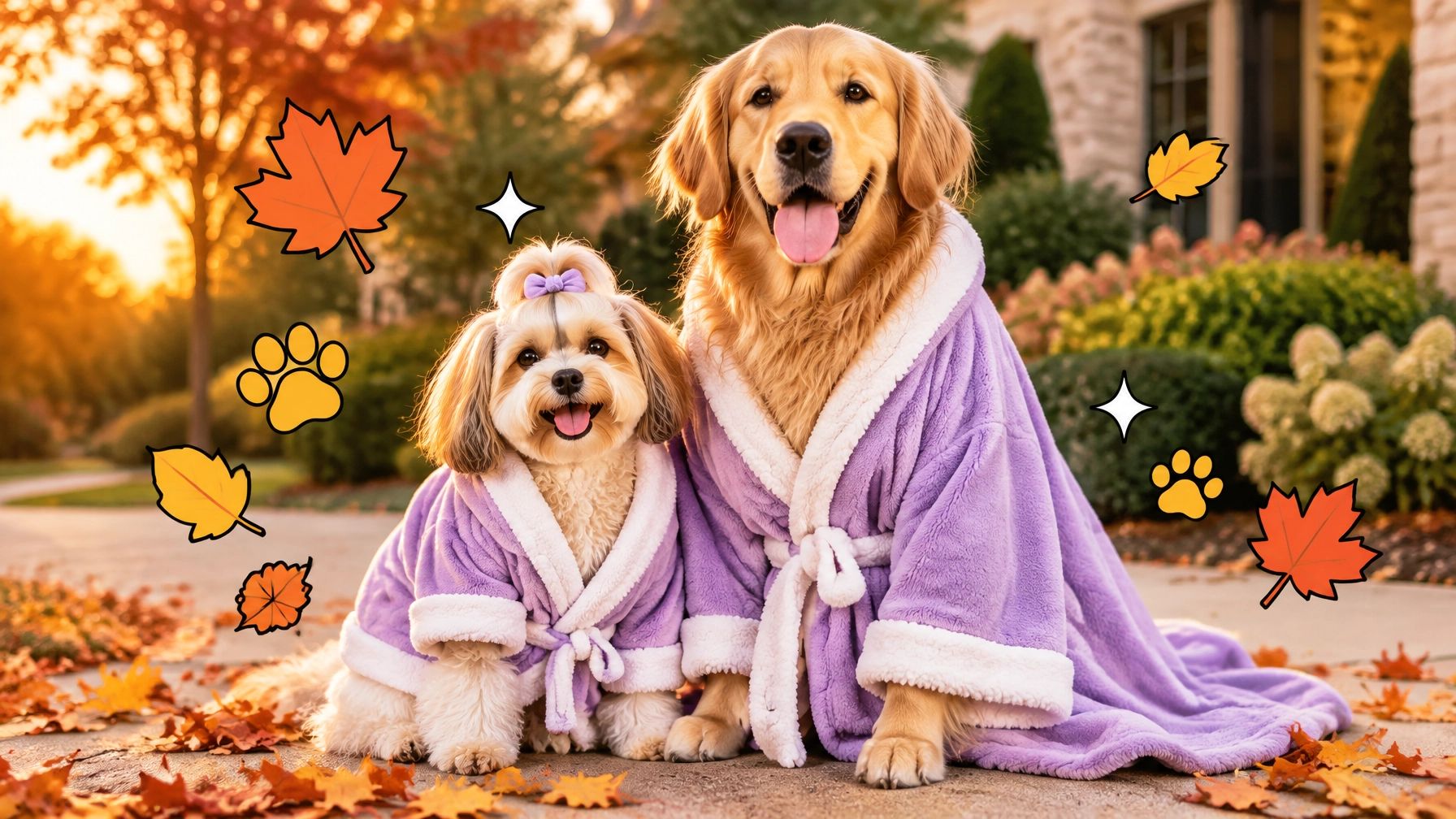 Large golden retriever and small dog wearing oversized spa robes after grooming