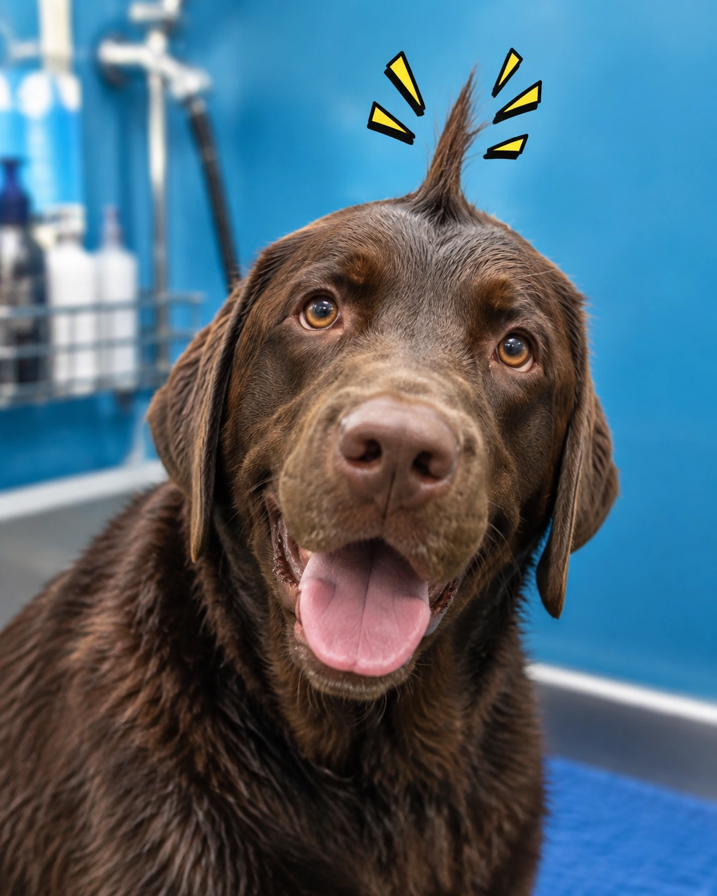 Relaxed Labrador with one funny fur tuft sticking straight up after grooming