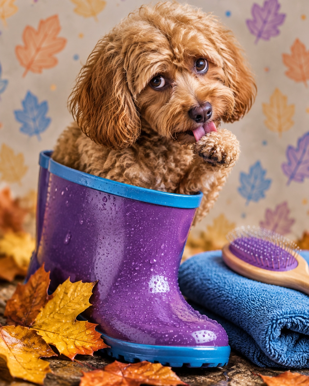 mckinney mobile dog groomer small curly dog licking a paw beside damp fall leaves and an oversized rain boot